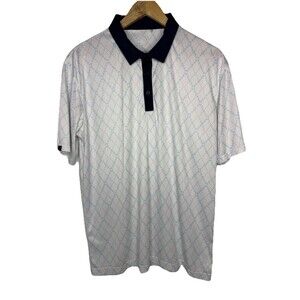 Swannies Golf Polo Shirt White Navy Geometric Stretch Performance Mens Large L